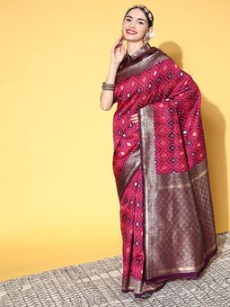 Sareemall - Womens Silk Blend Pink Woven Design Designer Saree with Unstitched Blouse