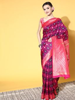 Sareemall - Womens Silk Blend Navy Blue Woven Design Designer Saree with Unstitched Blouse