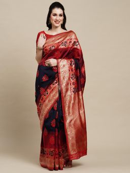 Akhilam - Womens Silk Blend Navy Blue Woven Design Designer Saree with Unstitched Blouse