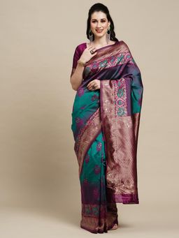Akhilam - Womens Silk Blend Teal Blue Woven Design Designer Saree with Unstitched Blouse
