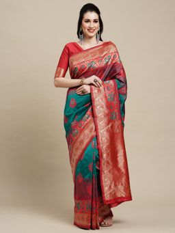 Akhilam - Womens Silk Blend Teal Blue Woven Design Designer Saree with Unstitched Blouse