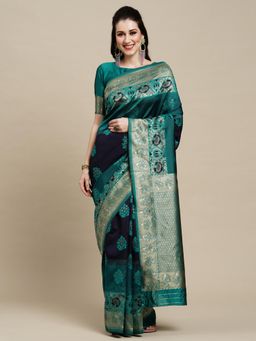 Akhilam - Womens Silk Blend Navy Blue Woven Design Designer Saree with Unstitched Blouse