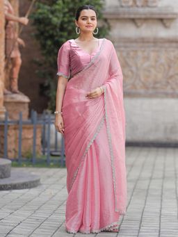 Sareemall - Womens Organza Pink Embellished Designer Saree with Unstitched Blouse