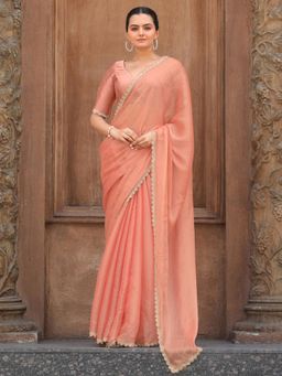 Sareemall - Womens Organza Peach Embellished Designer Saree with Unstitched Blouse