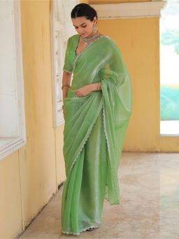 Sareemall - Womens Organza Green Embellished Designer Saree with Unstitched Blouse