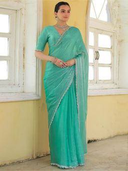 Sareemall - Womens Organza Turquoise Embellished Designer Saree with Unstitched Blouse