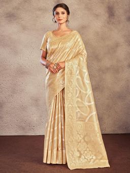 Akhilam - Womens Cotton Cream Woven Design Designer Saree with Unstitched Blouse