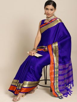 Akhilam - Womens Aura Silk Blue Woven Design Designer Saree with Unstitched Blouse