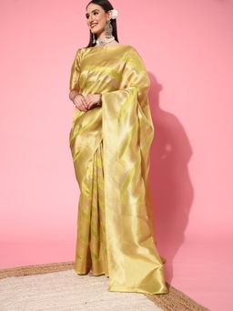 Sareemall - Womens Organza Olive Woven Design Handloom Saree with Unstitched Blouse