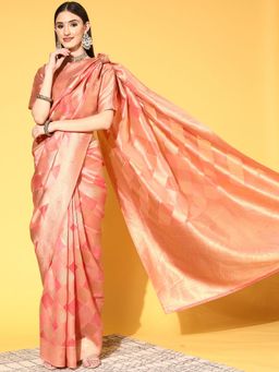 Sareemall - Womens Organza Peach Woven Design Handloom Saree with Unstitched Blouse