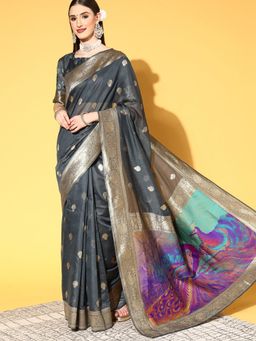 Sareemall - Womens Silk Blend Grey Woven Design Handloom Saree with Unstitched Blouse