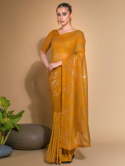 Akhilam - Womens Georgette Mustard Embellished Designer Saree with Unstitched Blouse