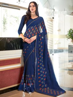 Sareemall - Womens Georgette Navy Blue Printed Designer Saree with Unstitched Blouse