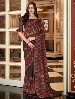 Sareemall - Womens Georgette Brown Printed Designer Saree with Unstitched Blouse