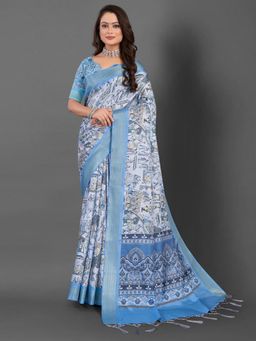 Akhilam - Womens Manipuri Silk Blue Printed Designer Saree with Unstitched Blouse