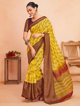 Akhilam - Womens Cotton Blend Yellow Printed Designer Saree with Unstitched Blouse