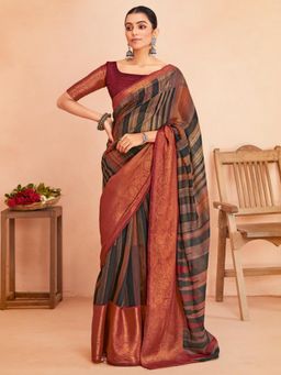 Akhilam - Womens Cotton Blend Black Printed Designer Saree with Unstitched Blouse