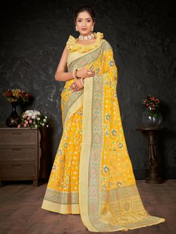 Akhilam - Womens Brasso Yellow Printed Designer Saree with Unstitched Blouse
