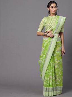 Akhilam - Womens Brasso Lime Green Printed Designer Saree with Unstitched Blouse
