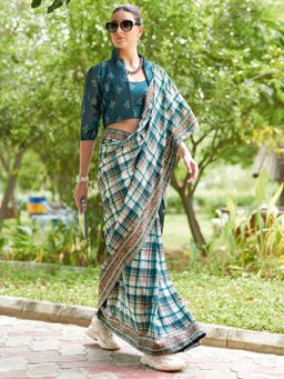 Sareemall - Womens Silk Blend Teal Printed Designer Saree with Unstitched Blouse