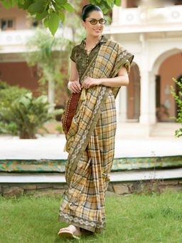 Sareemall - Womens Silk Blend Beige Printed Designer Saree with Unstitched Blouse