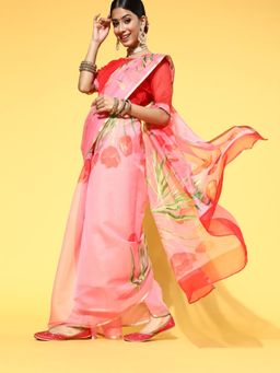 Akhilam - Mitera Womens Organza Peach Printed Celebrity Saree with Unstitched Blouse