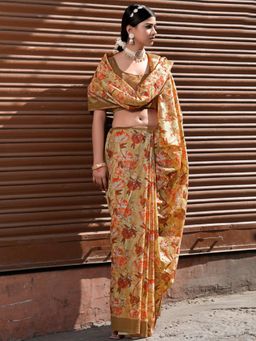 Akhilam - Womens Linen Blend Beige Printed Designer Saree with Unstitched Blouse