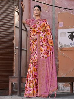 Akhilam - Womens Linen Blend Mauve Printed Designer Saree with Unstitched Blouse