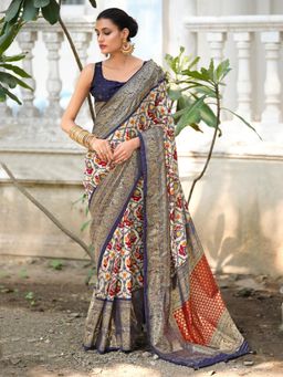 Sareemall - Womens Tussar Silk Navy Blue Printed Designer Saree with Unstitched Blouse