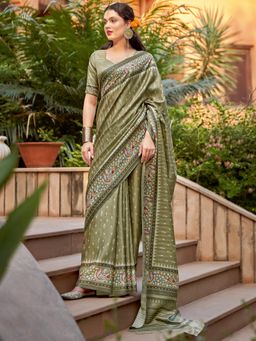 Sareemall - Womens Cotton Blend Olive Printed Designer Saree with Unstitched Blouse