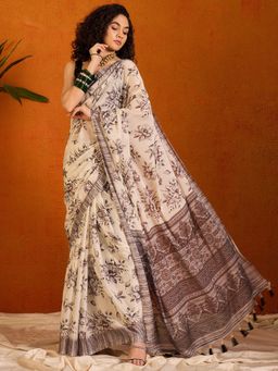 Sareemall - Womens Georgette Beige Printed Designer Saree with Unstitched Blouse