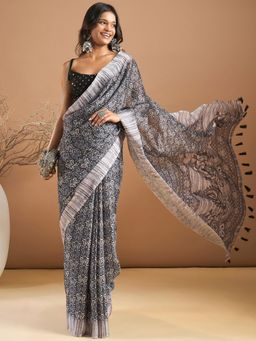 Sareemall - Womens Georgette Black Printed Designer Saree with Unstitched Blouse