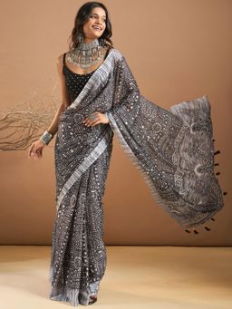 Sareemall - Womens Georgette Black Printed Designer Saree with Unstitched Blouse