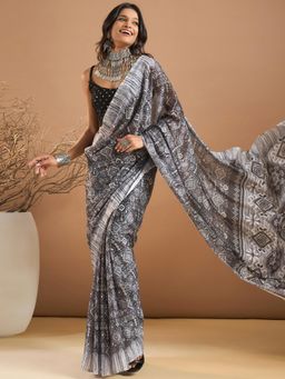 Sareemall - Womens Georgette Black Printed Designer Saree with Unstitched Blouse