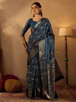 Sareemall - Womens Silk Blend Teal Blue Printed Designer Saree with Unstitched Blouse