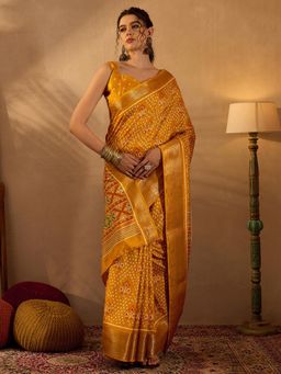 Sareemall - Womens Silk Blend Mustard Printed Designer Saree with Unstitched Blouse