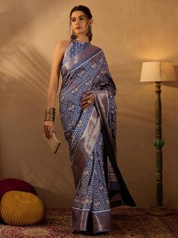 Sareemall - Womens Silk Blend Grey Printed Designer Saree with Unstitched Blouse