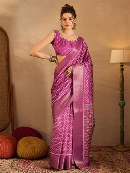 Sareemall - Womens Silk Blend Pink Printed Designer Saree with Unstitched Blouse