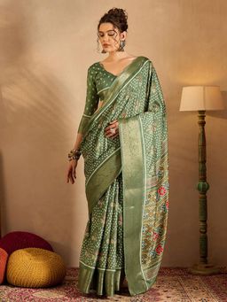 Sareemall - Womens Silk Blend Sea Green Printed Designer Saree with Unstitched Blouse