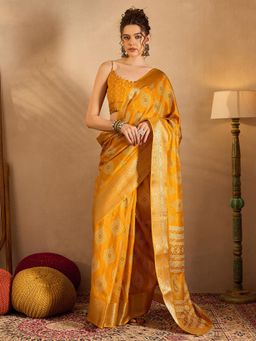 Sareemall - Womens Silk Blend Yellow Printed Designer Saree with Unstitched Blouse