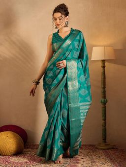 Sareemall - Womens Silk Blend Teal Printed Designer Saree with Unstitched Blouse