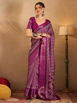 Sareemall - Womens Silk Blend Magenta Printed Designer Saree with Unstitched Blouse