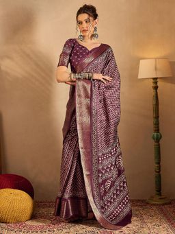 Sareemall - Womens Silk Blend Burgundy Printed Designer Saree with Unstitched Blouse
