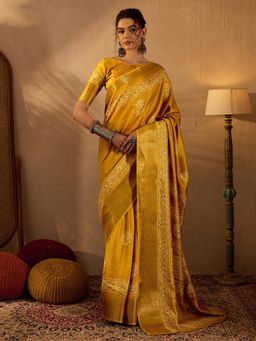 Sareemall - Womens Silk Blend Mustard Printed Designer Saree with Unstitched Blouse