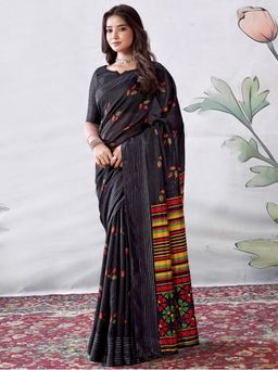Sareemall - Womens Jute Silk Black Printed Designer Saree with Unstitched Blouse
