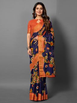 Akhilam - Womens Linen Blend Navy Blue Printed Celebrity Saree with Unstitched Blouse