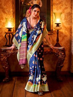 Sareemall - Womens Manipuri Silk Navy Blue Printed Designer Saree with Unstitched Blouse
