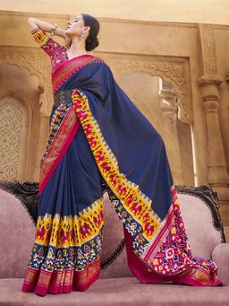 Akhilam - Womens Silk Blend Navy Blue Printed Designer Saree with Unstitched Blouse