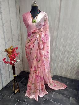 Akhilam - Womens Cotton Silk Light Pink Printed Celebrity Saree with Unstitched Blouse