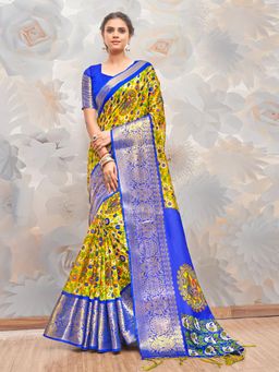 Akhilam - Womens Cotton Blend Yellow Printed Designer Saree with Unstitched Blouse